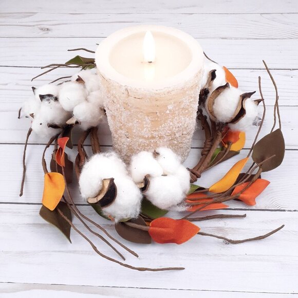 Fall Candle Ring Cotton Leaves 4 in Inside 9.5 in Overall - Picture 2 of 5
